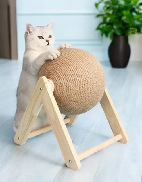 Cute Cat Scratching Ball With Wood Stand, Unique Handcrafted Cat Toys, Cat Scratching Post, Modern Cat Furniture, Perfect Gift For Cat Lover (medium)